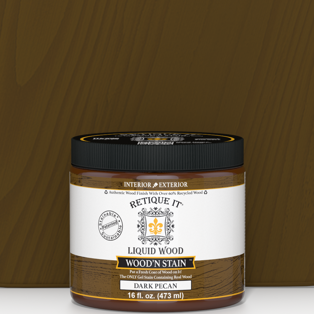 Retique It Liquid Wood Wood'n Stain in Dark Pecan, 16 oz container, showcasing the rich, deep wood stain color and product packaging.