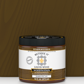 Retique It Liquid Wood Wood'n Stain in Dark Pecan, 16 oz container, showcasing the rich, deep wood stain color and product packaging.