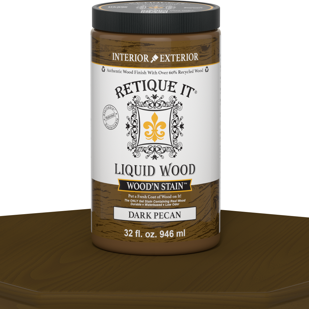 Liquid Wood Wood'n Stain in Dark Pecan by Retique It, 32 oz bottle, showcasing the rich dark wood stain color.