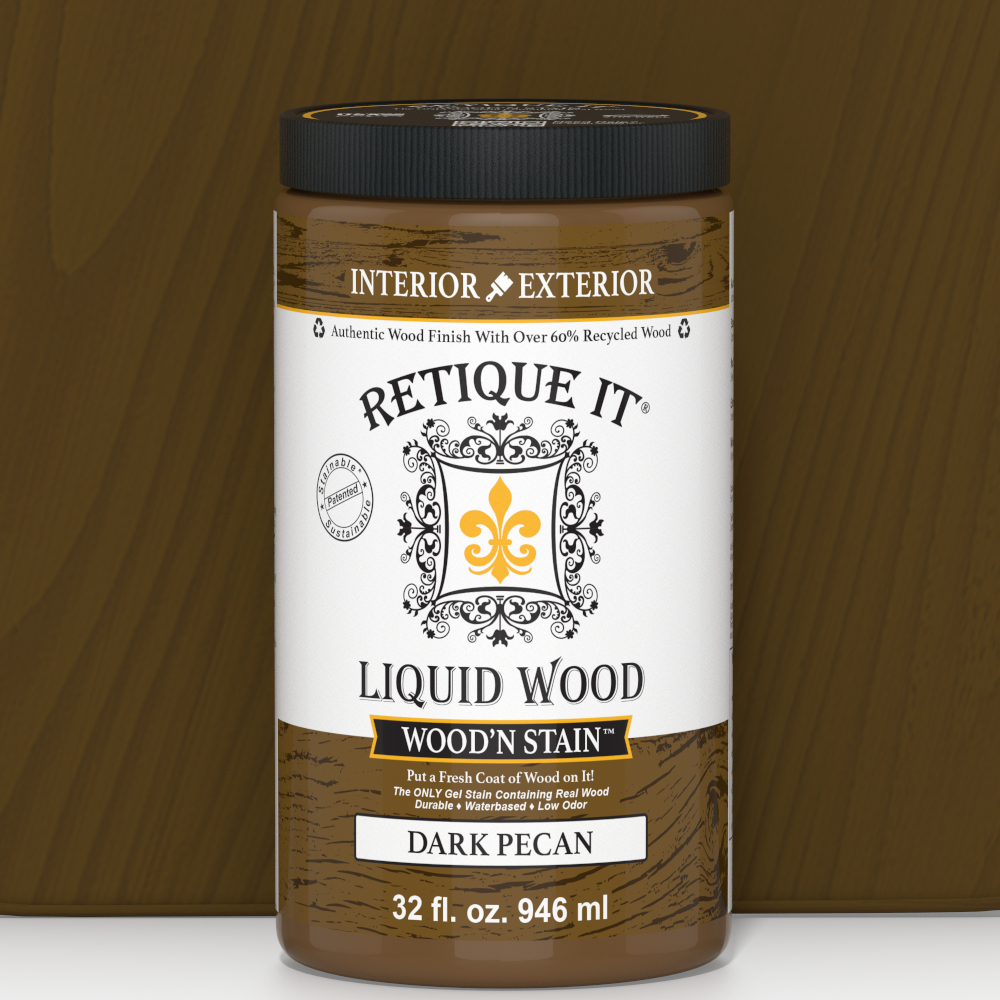 Liquid Wood Wood'n Stain in Dark Pecan by Retique It, 32 oz bottle, showing the rich, dark stain color and label.