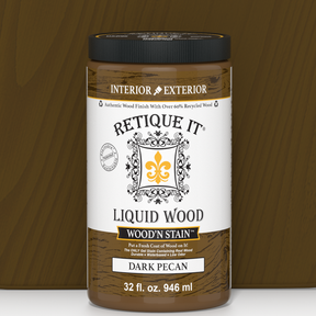 Liquid Wood Wood'n Stain in Dark Pecan by Retique It, 32 oz bottle, showing the rich, dark stain color and label.