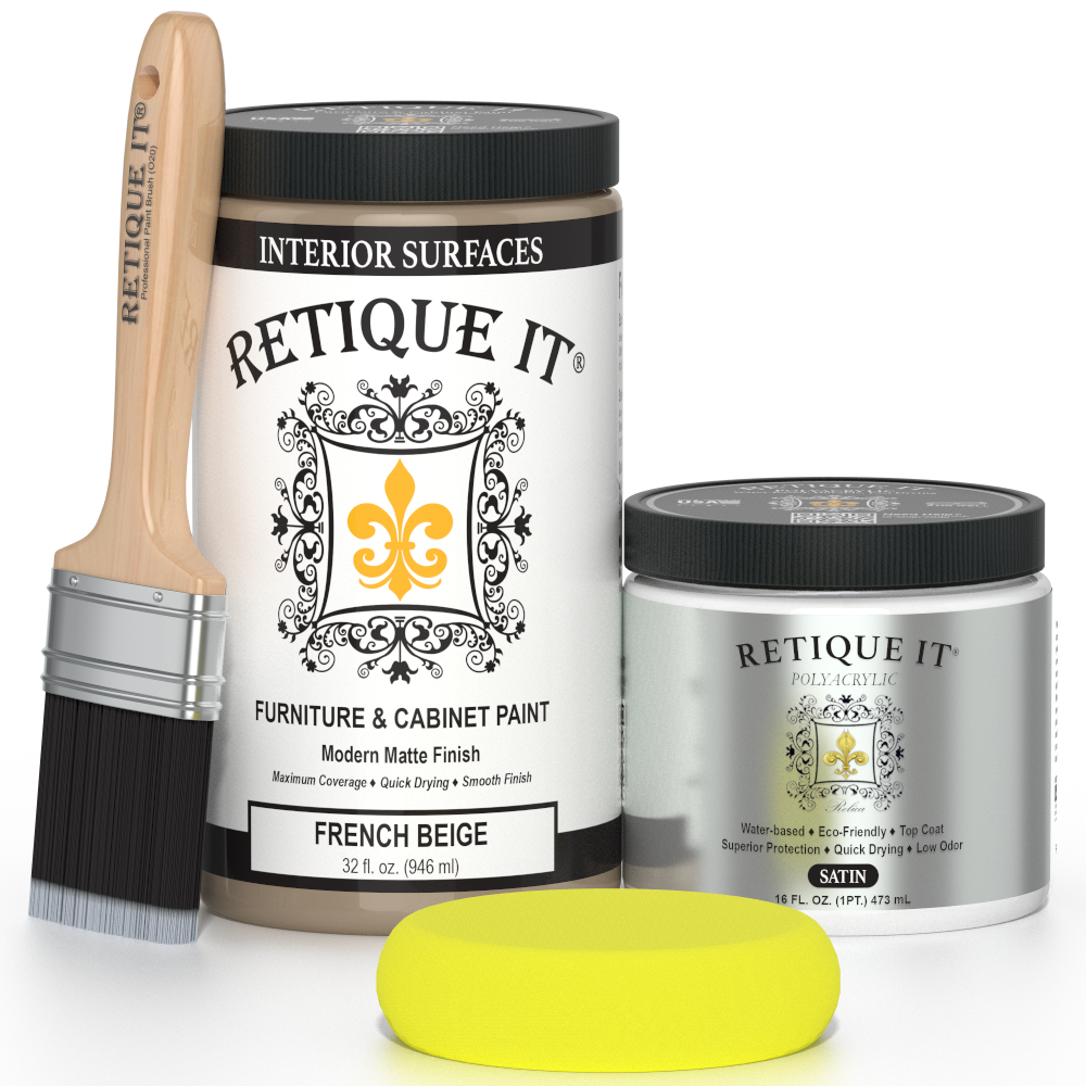 Retique It® Renaissance Furniture Paint in French Beige, showing a can of high-quality paint with a smooth, creamy beige finish.