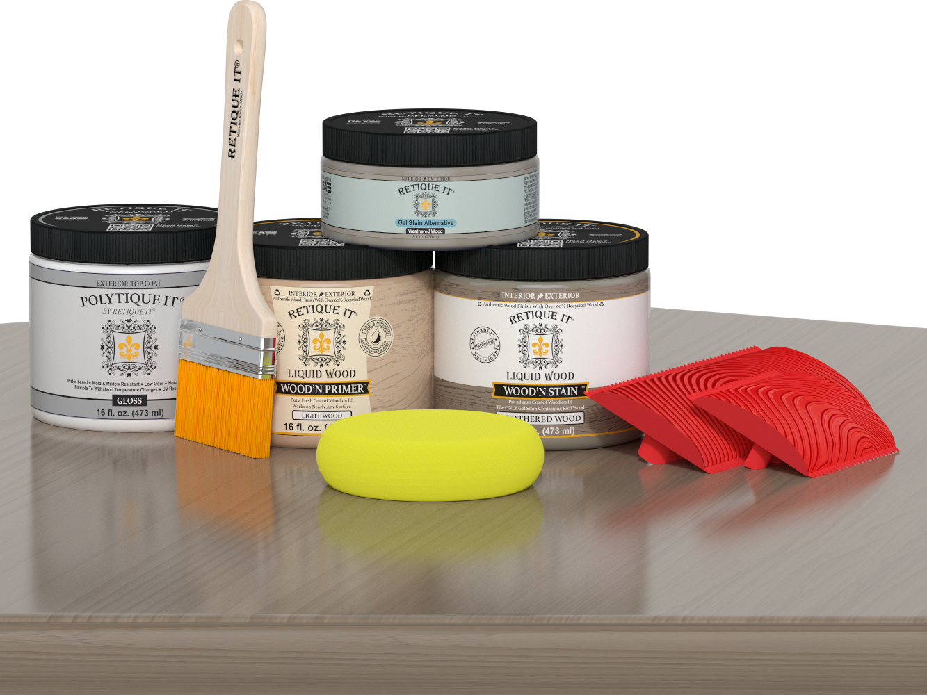 Retique It® Wood'n Finish Kit in Weathered Wood for exterior top coating, showing a close-up of the weathered wood surface.