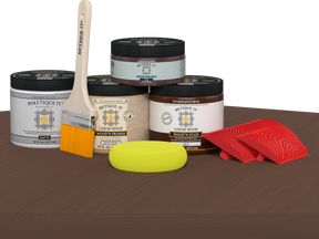 Retique It® Wood'n Finish Kit in Java with matte top coat shown on wooden table surface, designed for exterior wood finishing.