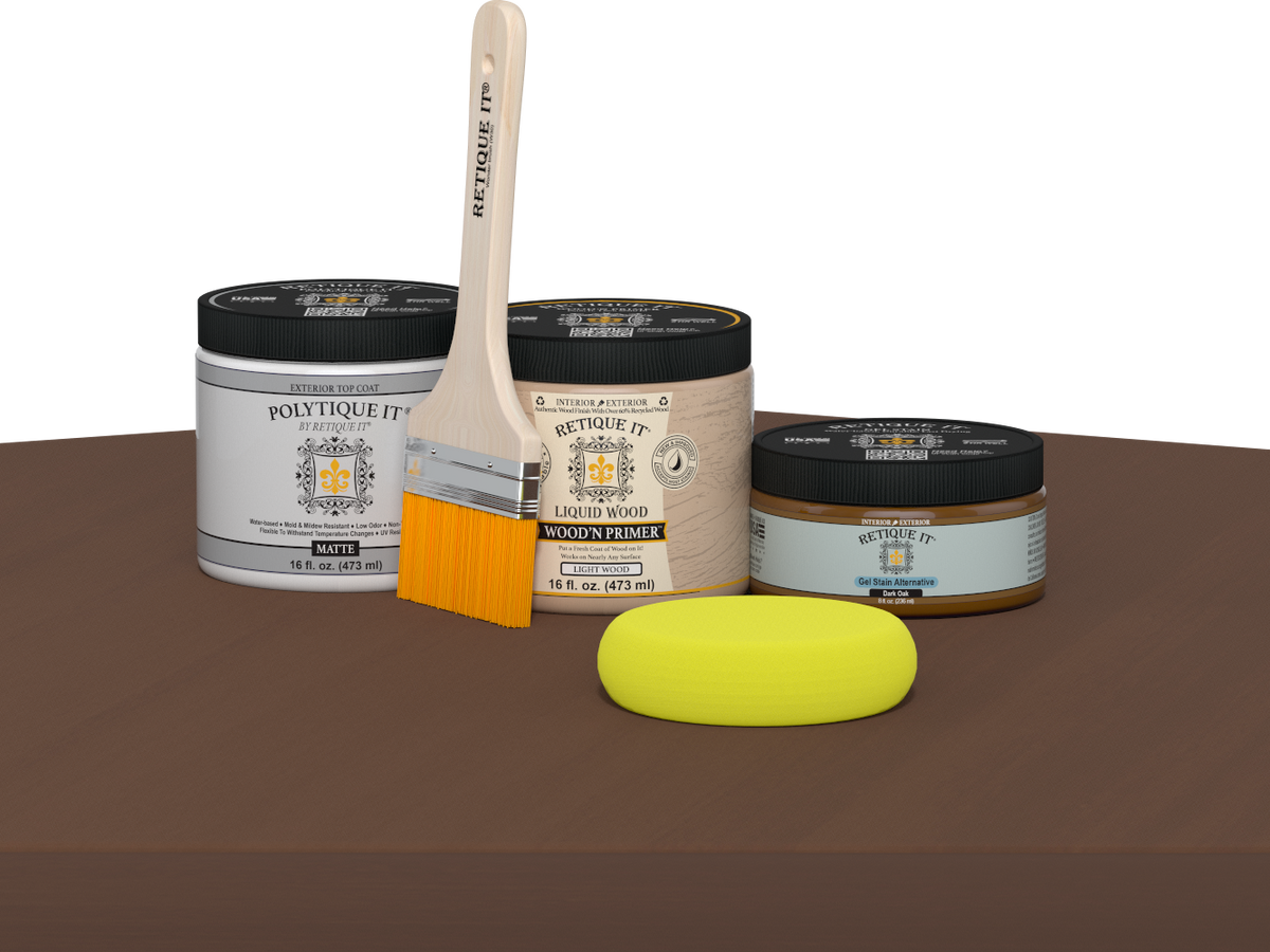 Retique It refinishing kit with Light Wood primer, Dark Oak gel stain alternative, matte Polytique It topcoat, a brush and yellow sponge.