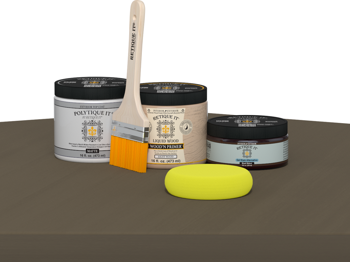 Retique It refinishing kit with Light Wood primer, Black Walnut gel stain alternative, matte Polytique It topcoat, a brush and yellow sponge.