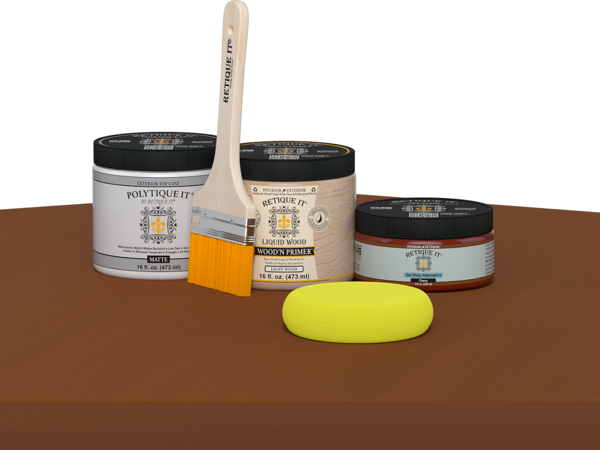 Retique It refinishing kit with Light Wood primer, Cherry gel stain alternative, matte Polytique It topcoat, a brush and yellow sponge.
