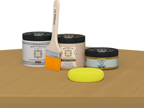 Retique It refinishing kit with Light Wood primer, Old Oak gel stain alternative, matte Polytique It topcoat, a brush and yellow sponge.