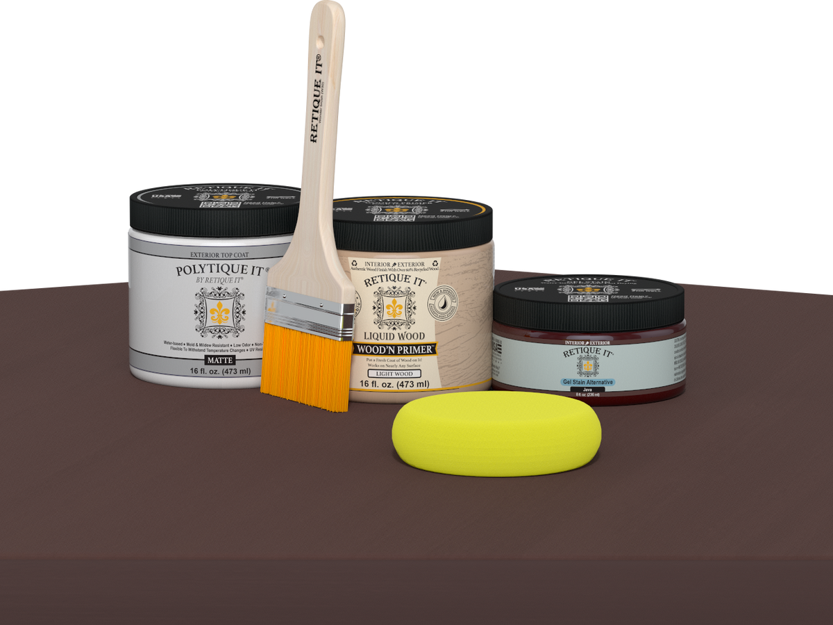 Retique It refinishing kit with Light Wood primer, Java gel stain alternative, matte Polytique It topcoat, a brush and yellow sponge.