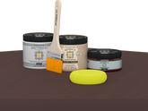 Retique It refinishing kit with Light Wood primer, Java gel stain alternative, matte Polytique It topcoat, a brush and yellow sponge.