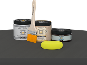 Retique It refinishing kit with Light Wood primer, Charcoal gel stain alternative, matte Polytique It topcoat, a brush and yellow sponge.