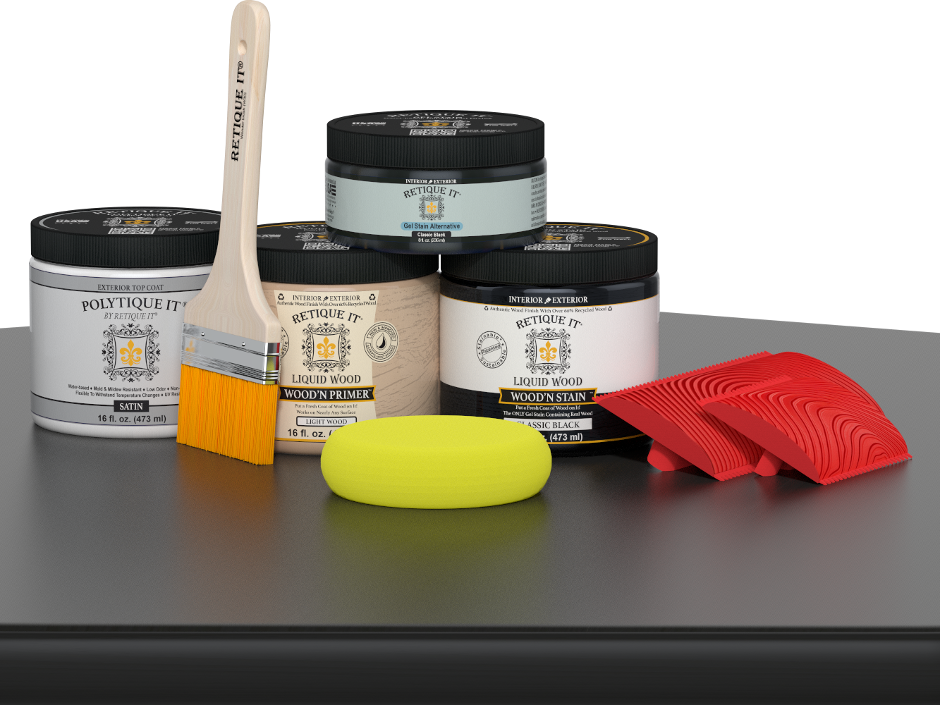 Retique It® Wood'n Finish Kit in Classic Black, exterior top coat for wood, shown on a table surface with satin finish.