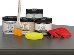 Retique It® Wood'n Kit in Charcoal, satin finish for exterior wood surfaces, featuring a multi-purpose exterior top coat on a wooden table.