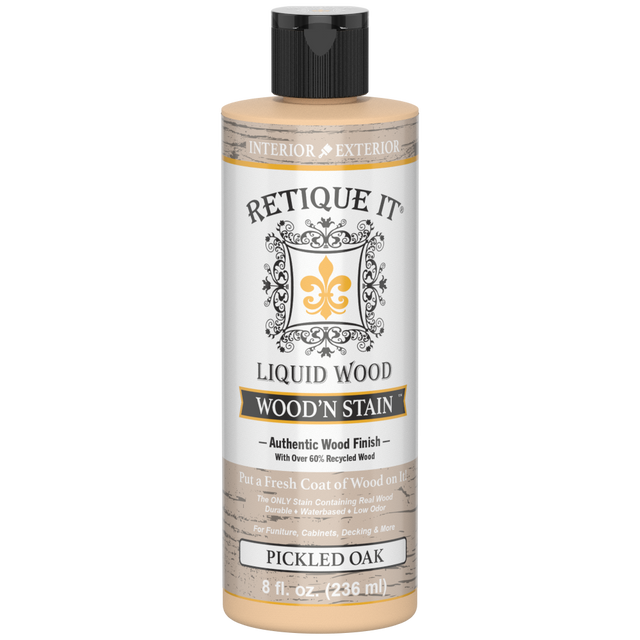 Retique It Liquid Wood Wood'n Stain in Pickled Oak, 8 oz, showing a clear view of the stain's natural wood finish and product packaging.