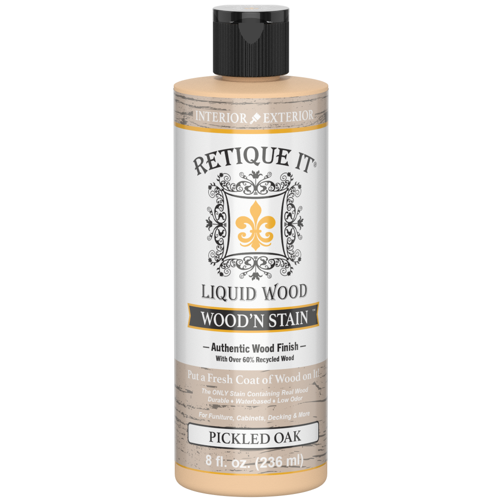 Retique It Liquid Wood Wood'n Stain in Pickled Oak, 8 oz, showcasing the stain applied to wood surface with rich, natural oak color.
