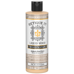 Retique It Liquid Wood Wood'n Stain in Pickled Oak, 8 oz, showcasing the stain applied to wood surface with rich, natural oak color.
