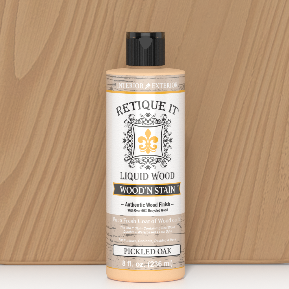 Retique It Liquid Wood Wood'n Stain in Pickled Oak, 8 oz bottle, showcasing the stain's rich, natural wood finish.