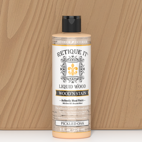 Retique It Liquid Wood Wood'n Stain in Pickled Oak, 8 oz bottle, showcasing the stain's rich, natural wood finish.
