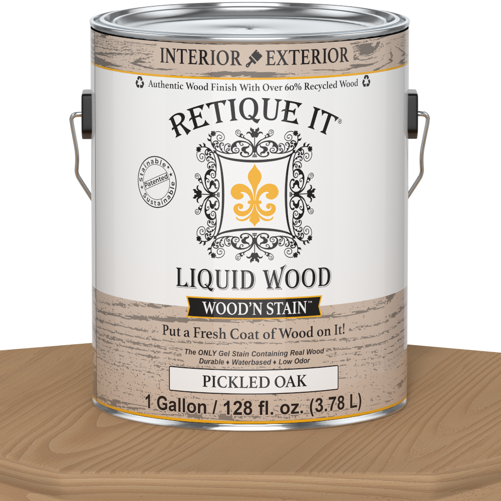 Retique It Liquid Wood Wood'n Stain in Pickled Oak, 128 oz, showing the stain container with natural wood finish and label.