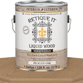Retique It Liquid Wood Wood'n Stain in Pickled Oak, 128 oz, showing the stain container with natural wood finish and label.