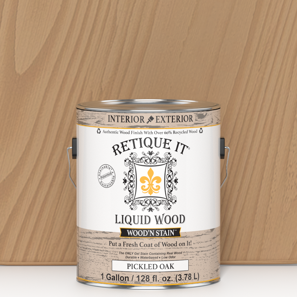 Liquid Wood Wood'n Stain in Pickled Oak by Retique It, 128 oz bottle, showing the stain color and product packaging.