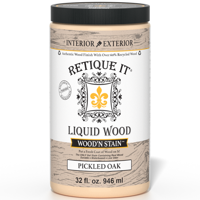 Retique It Liquid Wood stain in Pickled Oak color, 32 oz, showcasing the wood stain product with a smooth, natural finish.