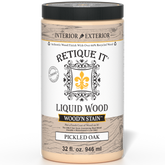 Liquid Wood Wood'n Stain in Pickled Oak by Retique It displayed in a 32 oz bottle for wood staining projects.