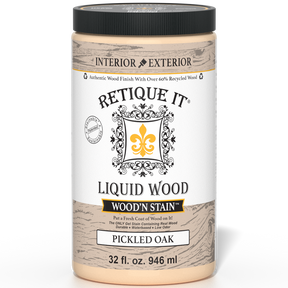 Liquid Wood Wood'n Stain in Pickled Oak by Retique It displayed in a 32 oz bottle for wood staining projects.