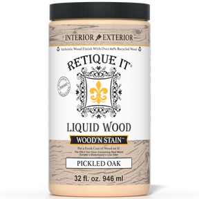 Liquid Wood Wood'n Stain in Pickled Oak by Retique It, 32 oz bottle, showing the product label and stain application.