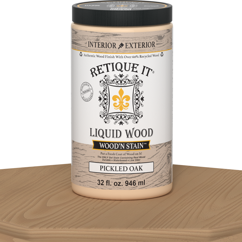 Retique It Liquid Wood Wood'n Stain in Pickled Oak, 32 oz container, showcasing the stain's color and smooth application.