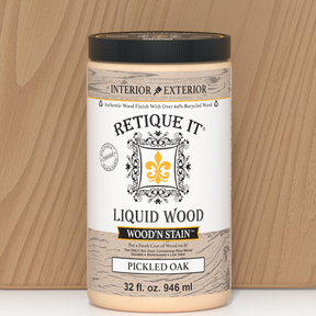 Liquid Wood Wood'n Stain in Pickled Oak by Retique It displayed in a 32 oz container, showing the stain's light oak color and texture.