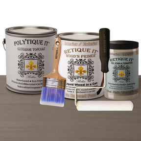 Retique It Decking Wood'n Smooth Kit in Harbor Gray stain, including primer and gel components for wood decking restoration.