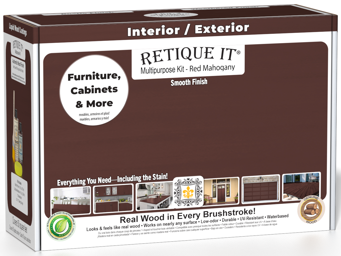 Retique It® Multi-purpose Smooth Finish Kit in Red Mahogany for interior wood top coats, includes application tools and finish components.