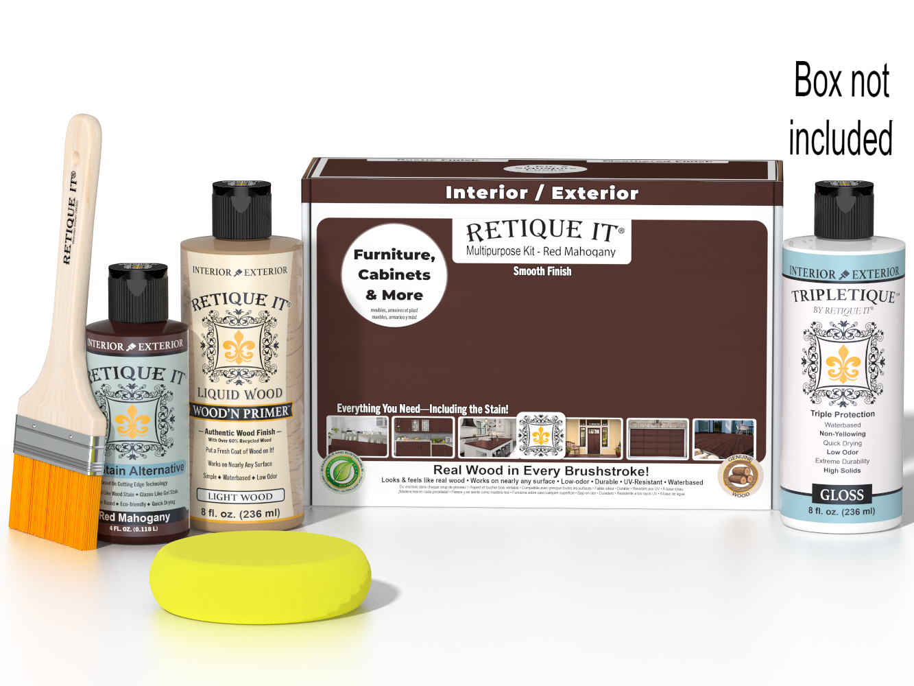 Retique It® Multi-purpose Smooth Finish Kit in Red Mahogany for interior wood surfaces, includes top coat and application tools.