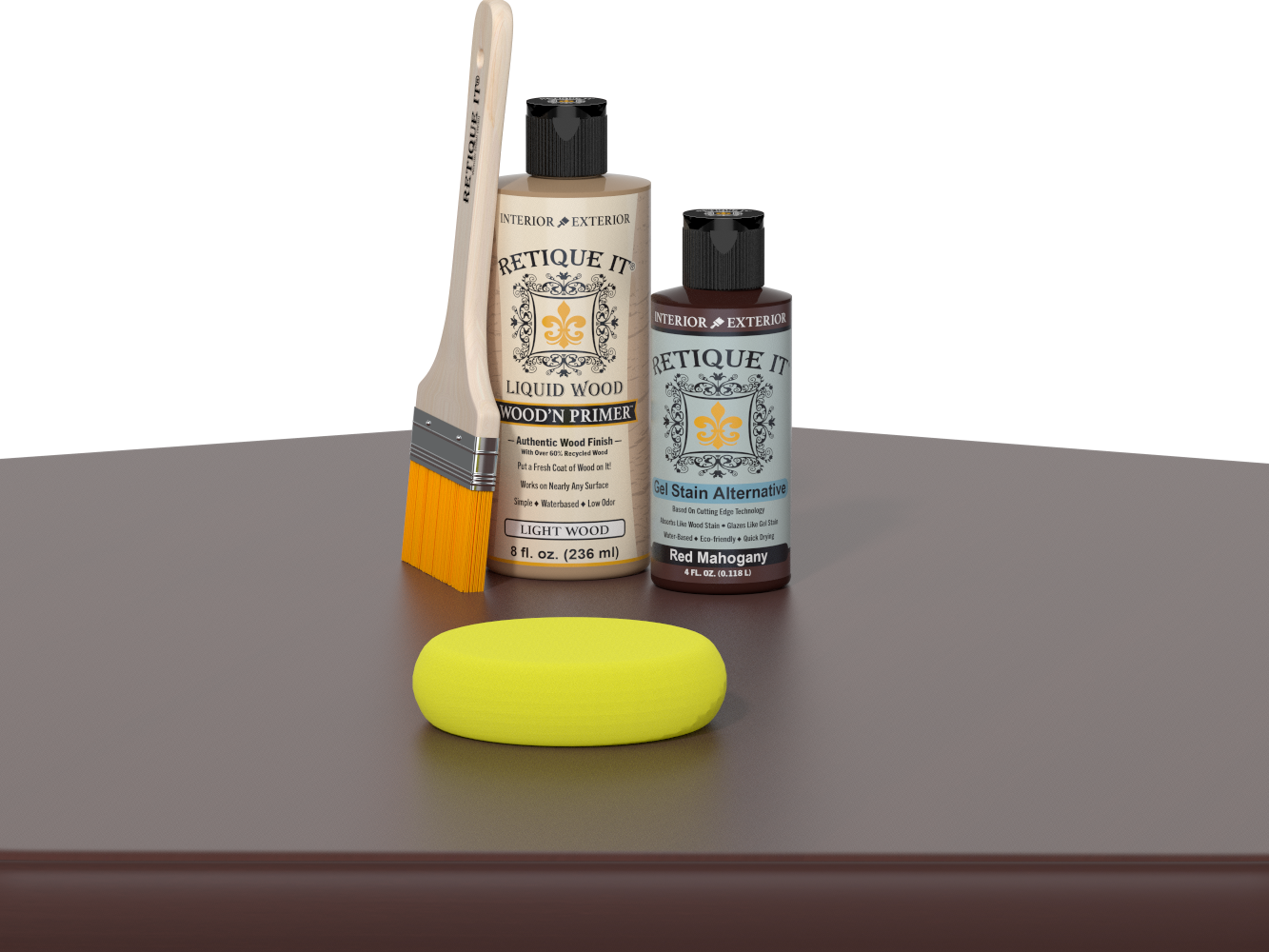 Retique It® Multi-purpose Smooth Finish Kit in Red Mahogany for wood finishing, shown on a table surface.