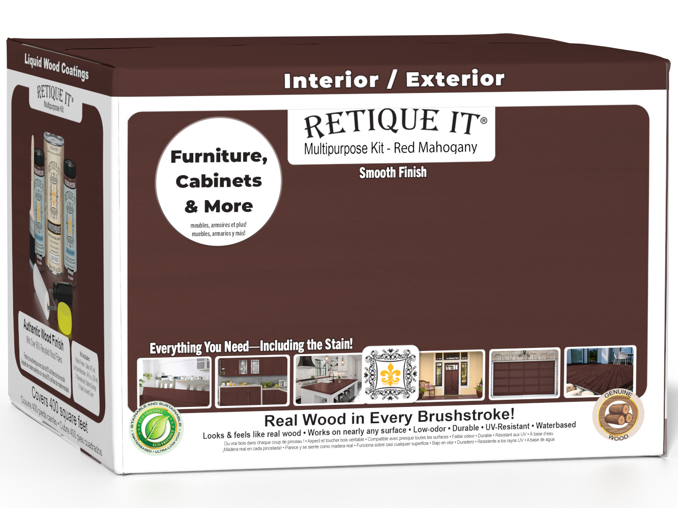 Retique It® Multi-purpose Smooth Finish Kit in Red Mahogany, 4-piece set, featuring wood finish and application tools.