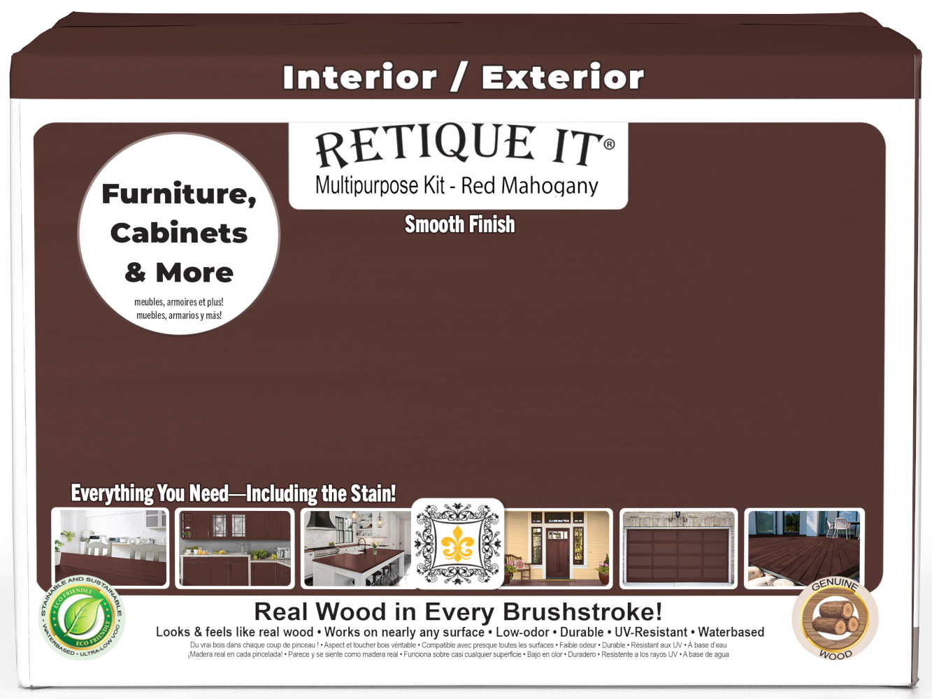 Retique It® Multi-purpose Smooth Finish Kit in Red Mahogany for interior wood projects, includes four large top coat containers.