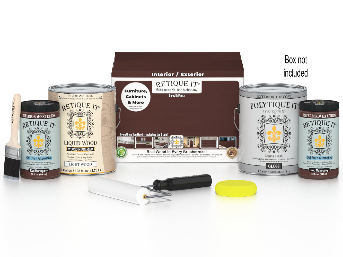 Retique It Multi-purpose Smooth Finish Kit in Red Mahogany for exterior wood projects, includes four large top coats.