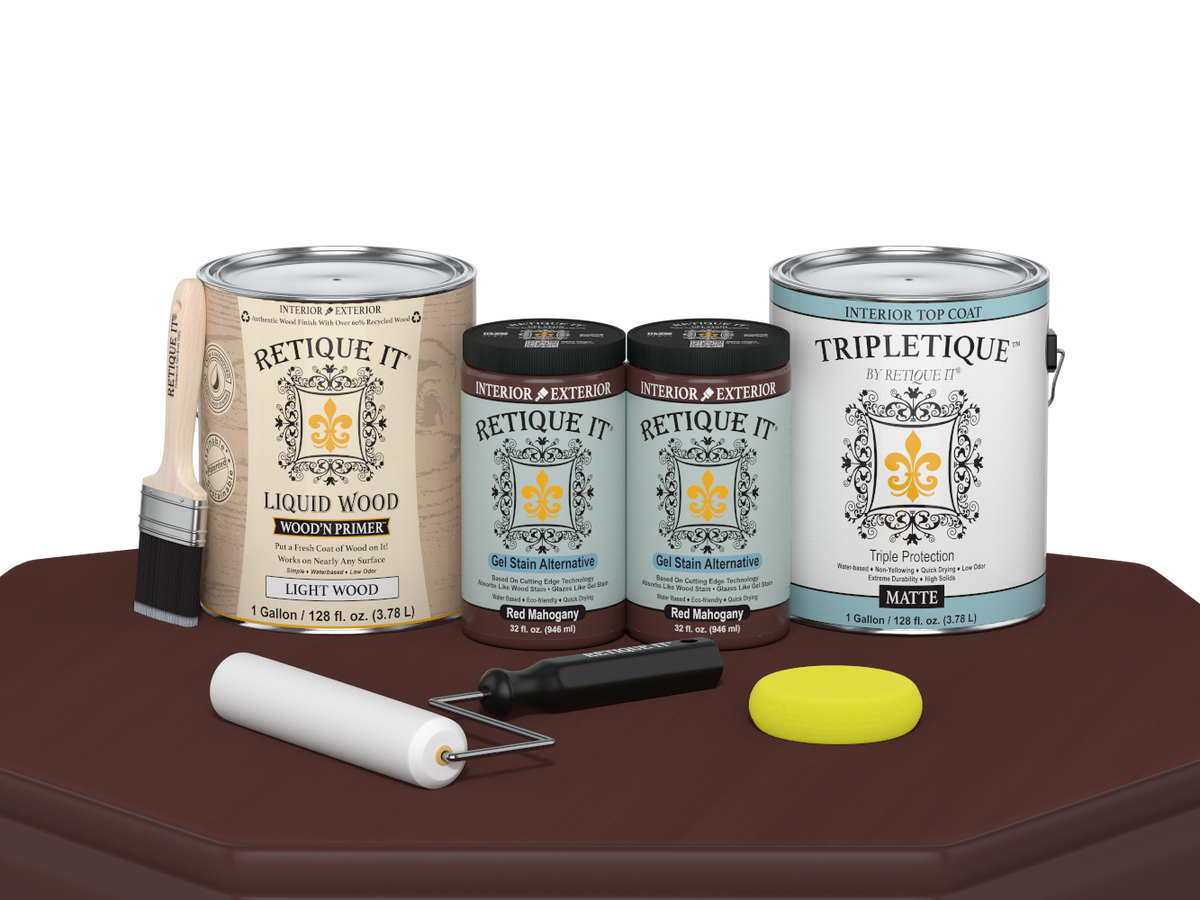 Retique It® Wood'n Finish Kit in Red Mahogany with four large bottles, matte interior top coat for wood furniture and surfaces.