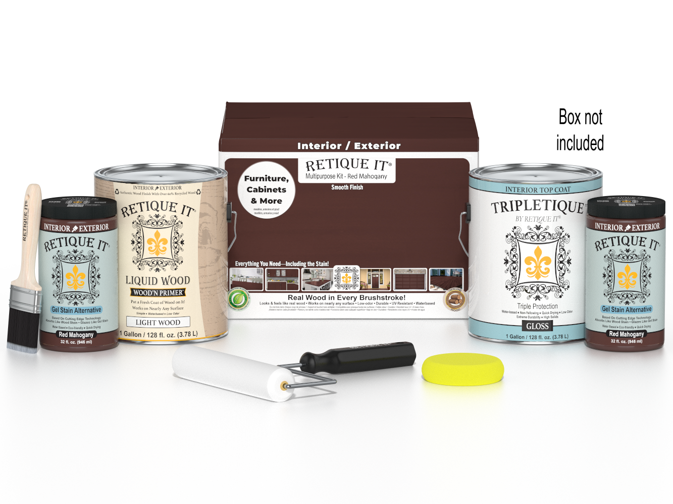 Retique It® Wood'n Finish Kit in Red Mahogany, large multi-purpose smooth finish top coat set for interior wood projects.
