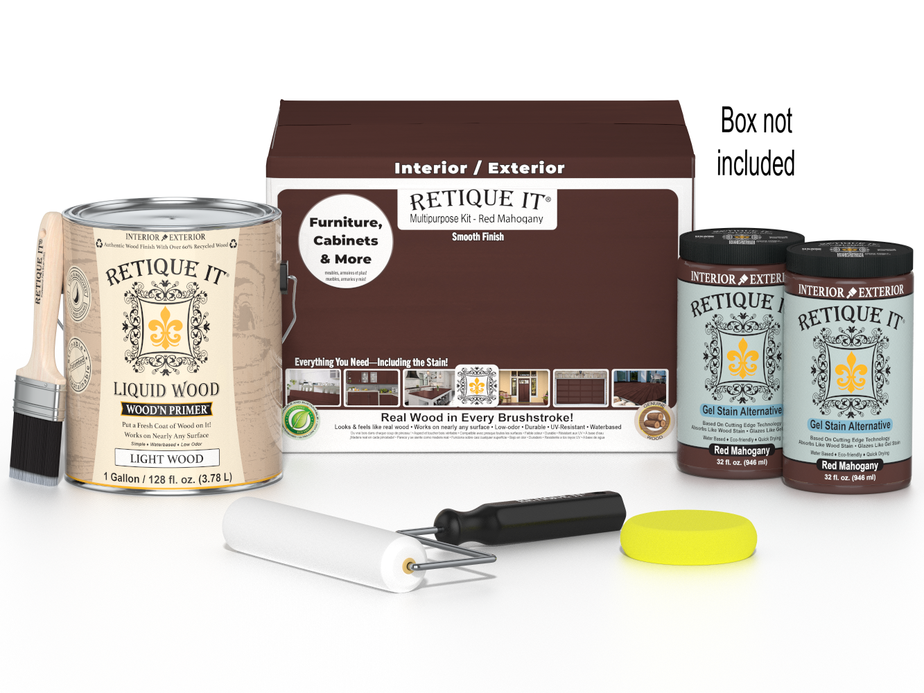 Retique It® Wood'n Finish Kit in Red Mahogany with four large containers for multi-purpose wood finishing projects.