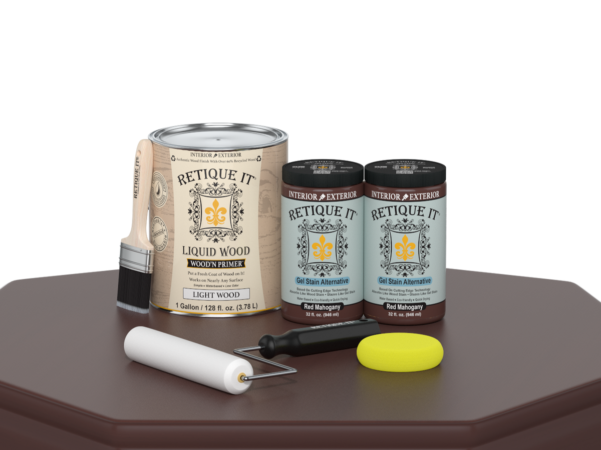 Retique It® Wood'n Cabinet Kit with 48 red mahogany stained cabinet doors, featuring smooth finish and wood stain application