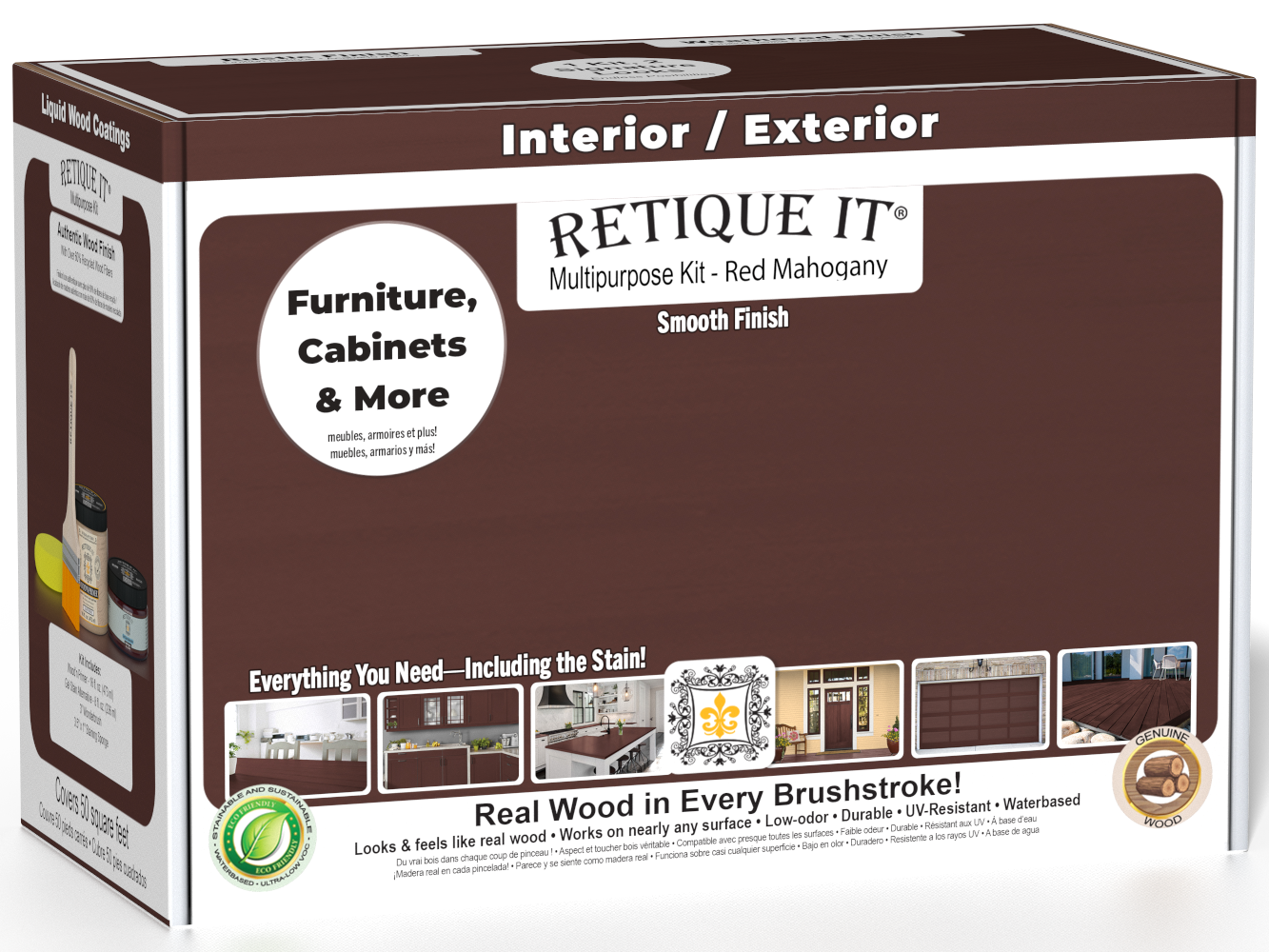 Retique It® Multi-purpose Smooth Finish Kit in Red Mahogany for exterior wood, featuring top coat and finishing tools.