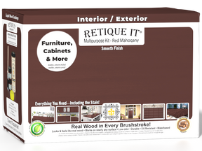 Large Red Mahogany Multi-purpose Smooth Finish Kit by Retique It® for wood finishing, includes brushes and tools in a box.