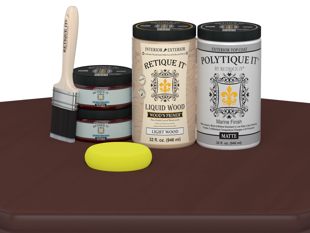 Large Red Mahogany exterior wood finish kit by Retique It® with smooth matte top coat for multi-purpose wood projects.