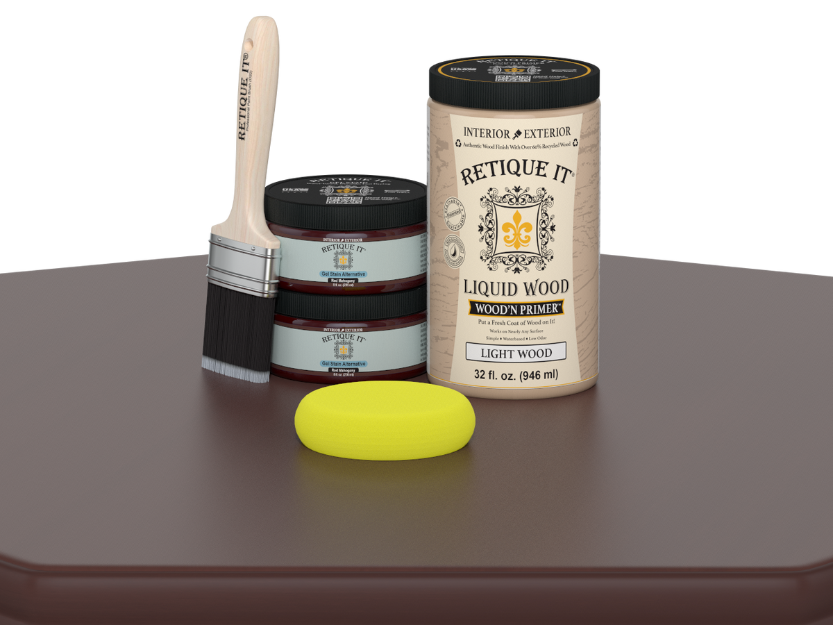 Large Red Mahogany Wood'n Finish Kit by Retique It® with smooth finish and multiple tools for wood finishing projects.