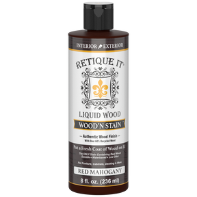 Liquid Wood Wood'n Stain in 8 oz Red Mahogany by Retique It, showing the rich reddish-brown stain and applicator brush.