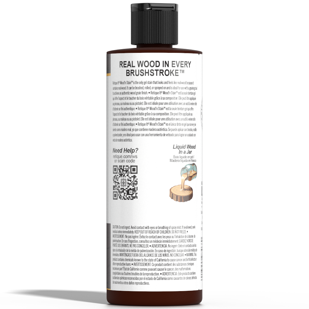 Liquid Wood Wood'n Stain in Red Mahogany color by Retique It, showing the stain bottle with a wood surface sample.