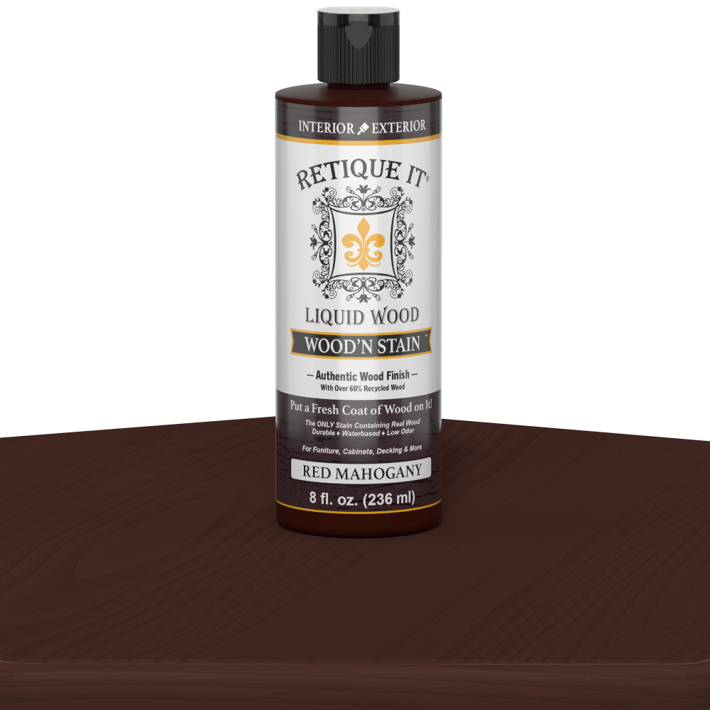 Retique It Liquid Wood Wood'n Stain in Red Mahogany, 8 oz, showing the stain's rich red mahogany color and applicator brush.