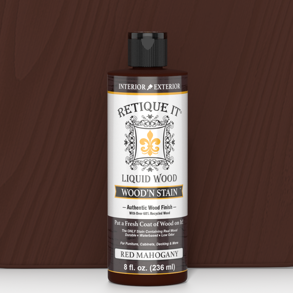 Retique It Liquid Wood Wood'n Stain in Red Mahogany, 8 oz bottle, showcasing the stain's rich reddish-brown color.